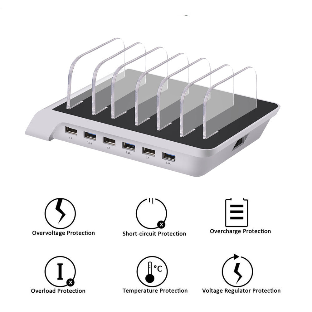 6-Port 60W USB Charger with QC 3.0 Smart IC Tech Fast Charger for iPhone 8/7/6s/Plus Samsung Xiaomi