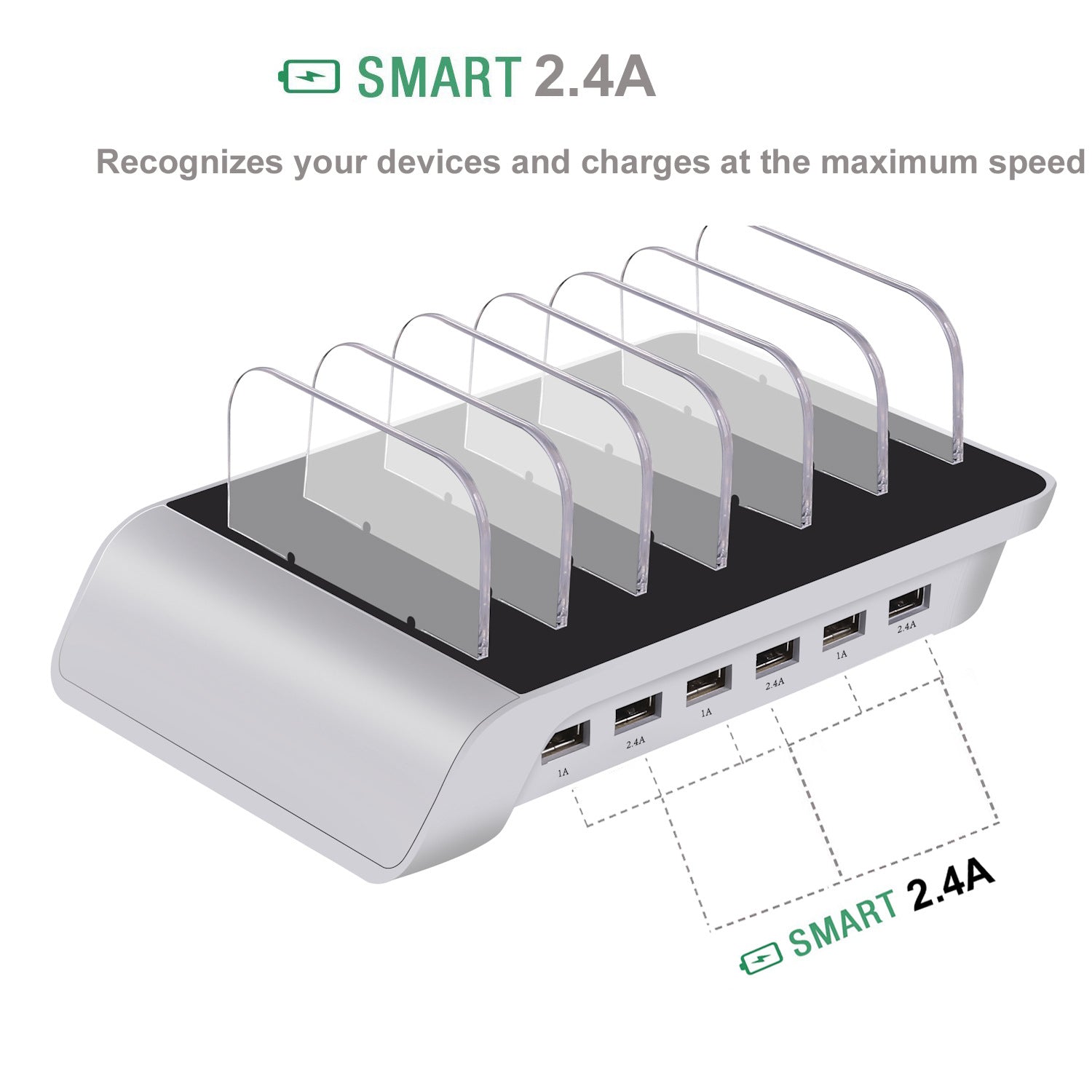 6-Port 60W USB Charger with QC 3.0 Smart IC Tech Fast Charger for iPhone 8/7/6s/Plus Samsung Xiaomi